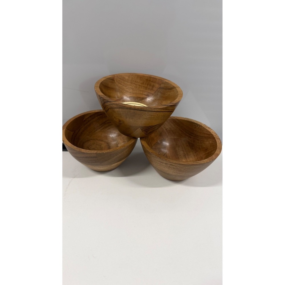 Handmade Wooden Snack Bowls Set of 3 Natural Grain Indonesia Boho Decor 4.75in